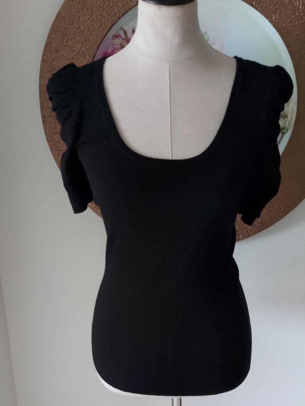 INC International Concepts Black Scoop Neck Puff Sleeve Top